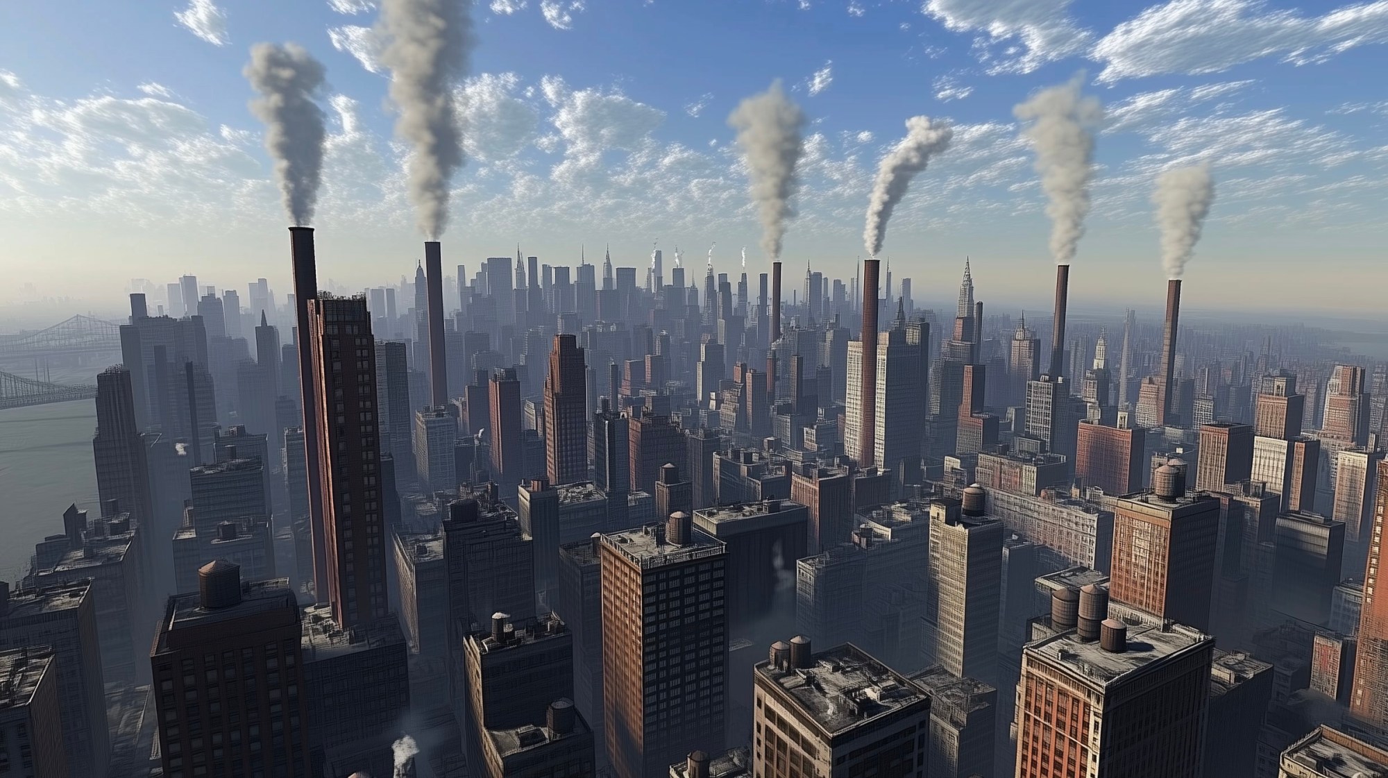 New York City skyline with a bunch of industrial smokestacks